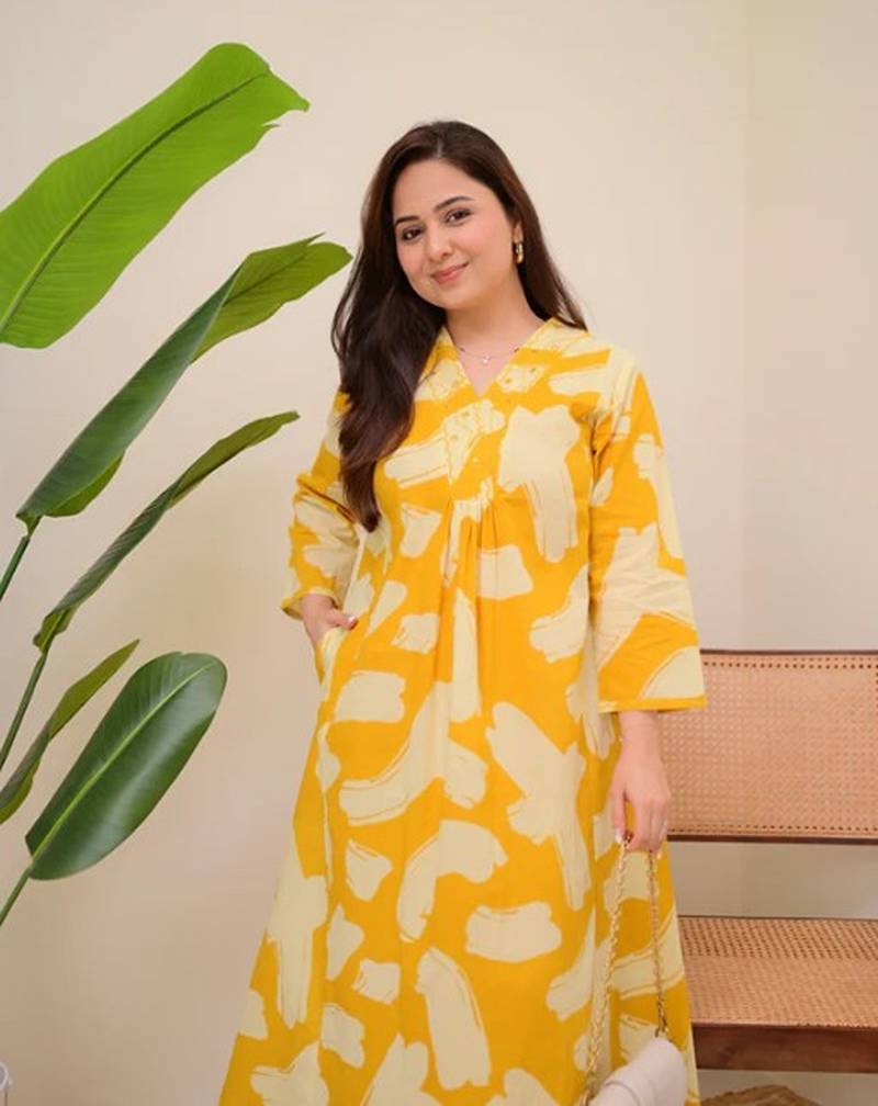 light yellow rayon printed a line kurta with pant set