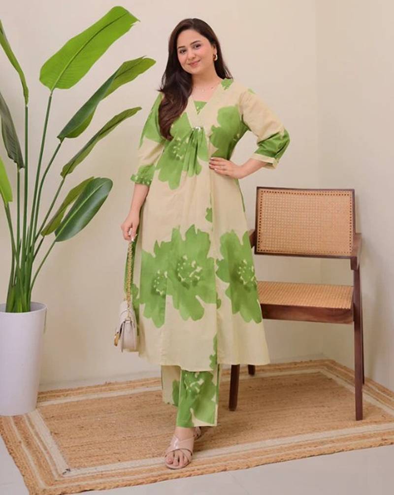 green a line rayon floral printed kurta pant set for women