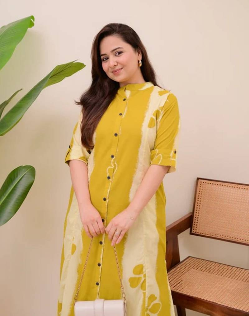 light yellow a line rayon printed kurta with pant set for women