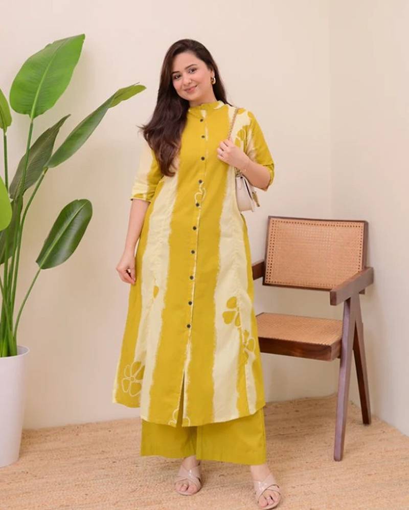 light yellow a line rayon printed kurta with pant set for women
