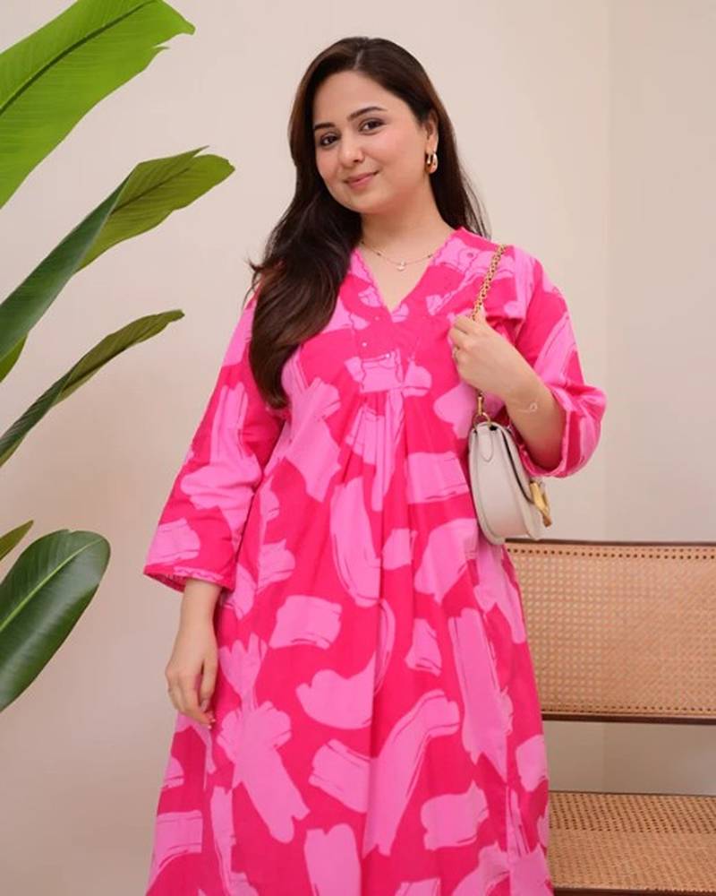 pink rayon printed a line kurta with pant set