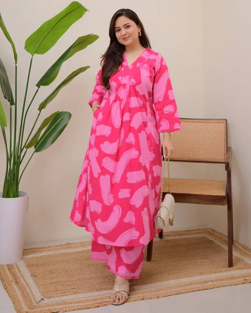 pink rayon printed a line kurta with pant set