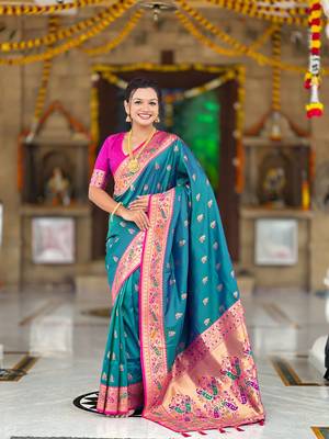 Indian sky blue zari motif weaving work paithani silk saree 1