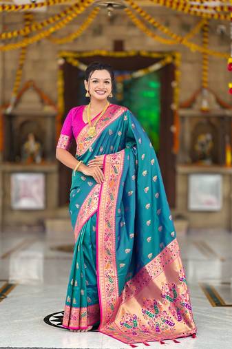 Indian sky blue zari motif weaving work paithani silk saree