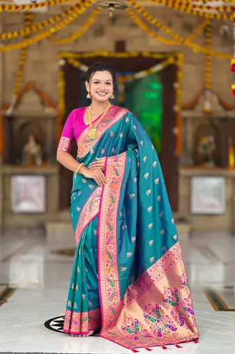 Indian sky blue zari motif weaving work paithani silk saree