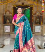 Indian sky blue zari motif weaving work paithani silk saree