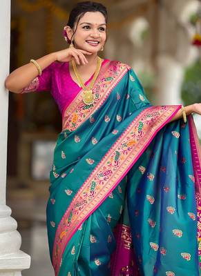 Indian sky blue zari motif weaving work paithani silk saree 3
