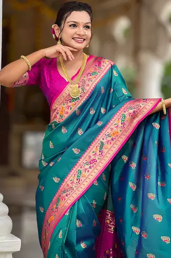 Indian sky blue zari motif weaving work paithani silk saree