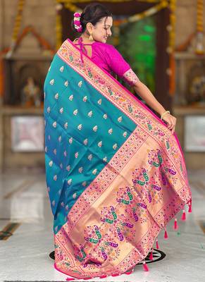 Indian sky blue zari motif weaving work paithani silk saree 4