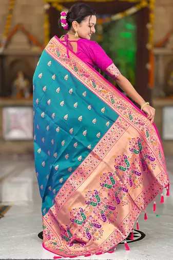 Indian sky blue zari motif weaving work paithani silk saree