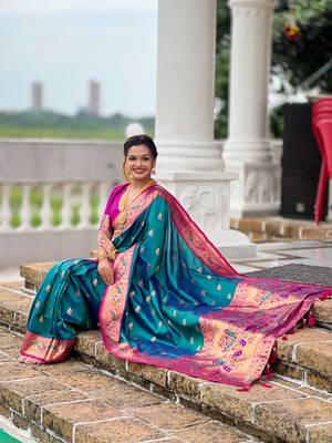 Indian sky blue zari motif weaving work paithani silk saree 5