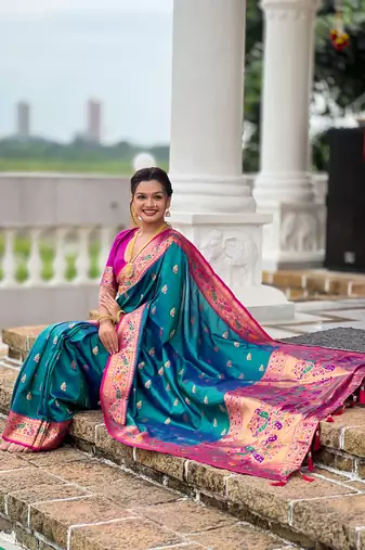 Indian sky blue zari motif weaving work paithani silk saree