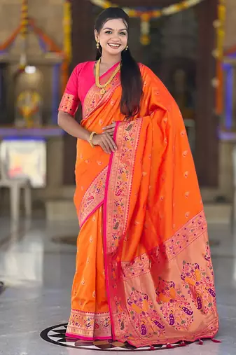Indian orange zari motif weaving work paithani silk saree