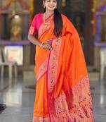 Indian orange zari motif weaving work paithani silk saree