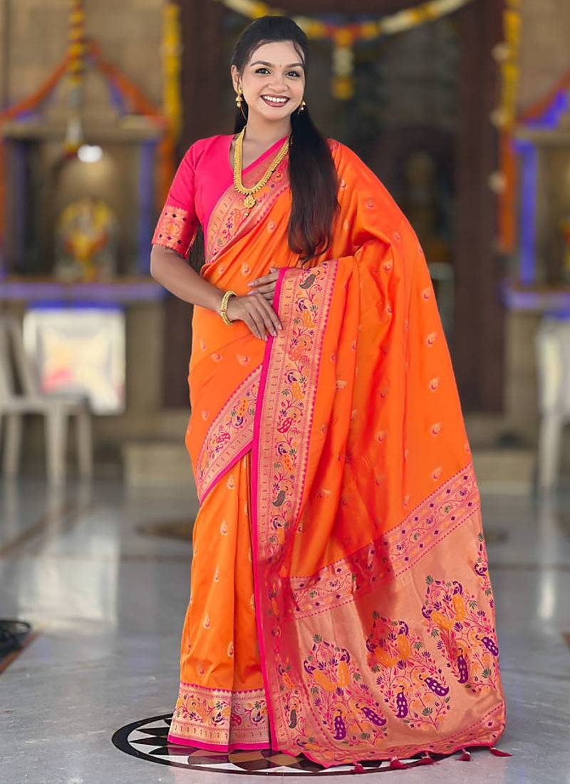 Indian orange zari motif weaving work paithani silk saree