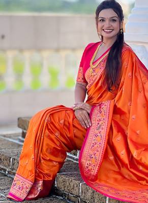 Indian orange zari motif weaving work paithani silk saree 2