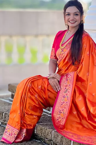 Indian orange zari motif weaving work paithani silk saree