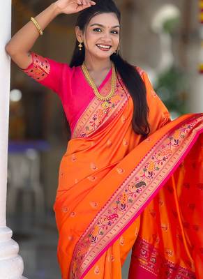 Indian orange zari motif weaving work paithani silk saree 3