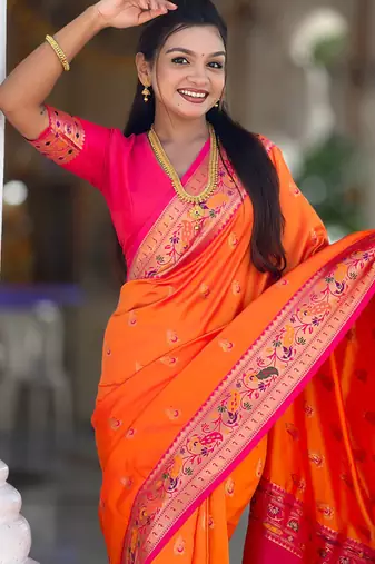 Indian orange zari motif weaving work paithani silk saree