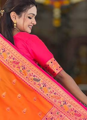 Indian orange zari motif weaving work paithani silk saree 4