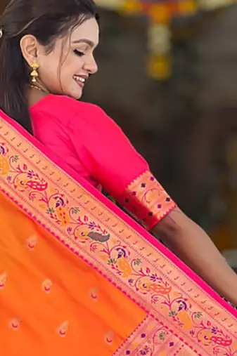 Indian orange zari motif weaving work paithani silk saree
