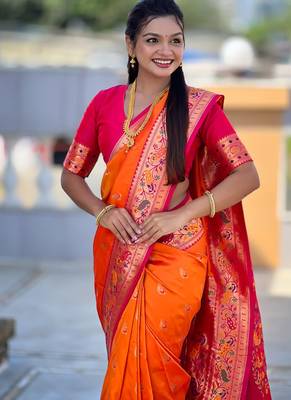 Indian orange zari motif weaving work paithani silk saree 5