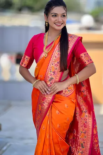 Indian orange zari motif weaving work paithani silk saree