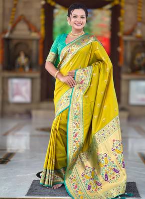 Indian green zari motif weaving work paithani silk saree 1