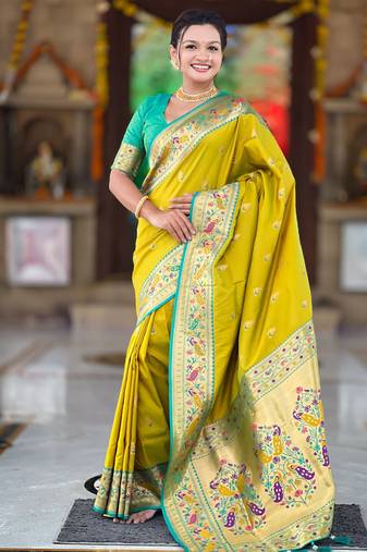 Indian green zari motif weaving work paithani silk saree