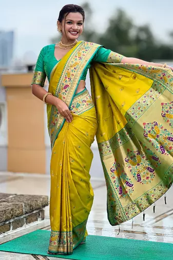 Indian green zari motif weaving work paithani silk saree