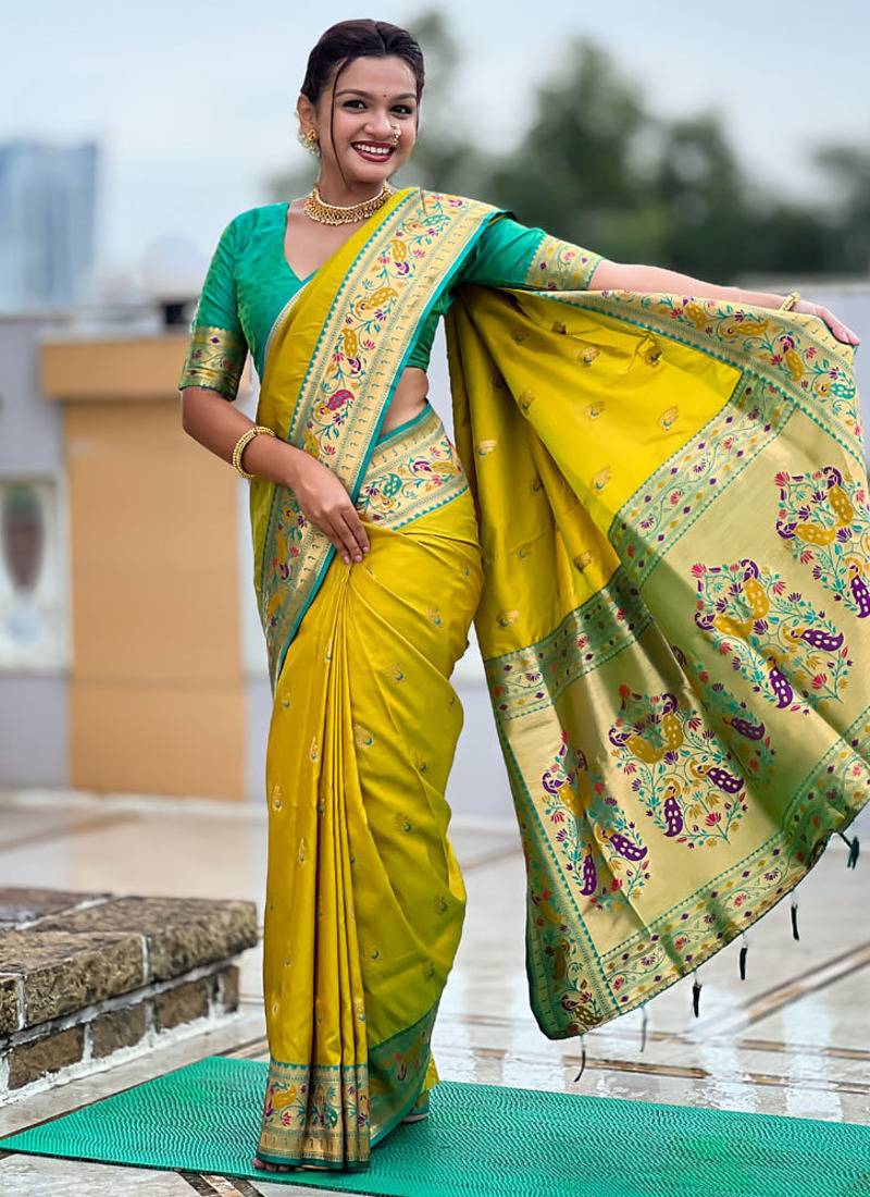 Indian green zari motif weaving work paithani silk saree