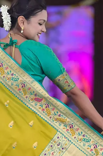 Indian green zari motif weaving work paithani silk saree