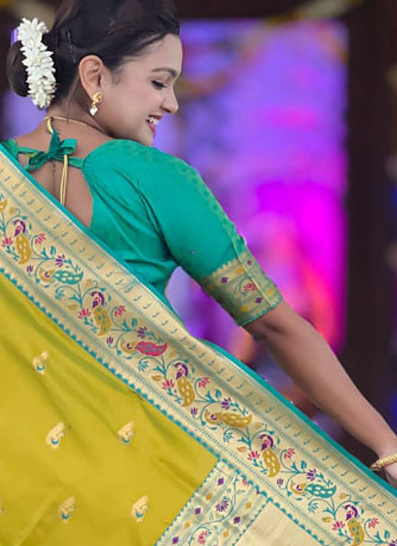 Indian green zari motif weaving work paithani silk saree