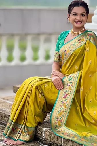Indian green zari motif weaving work paithani silk saree