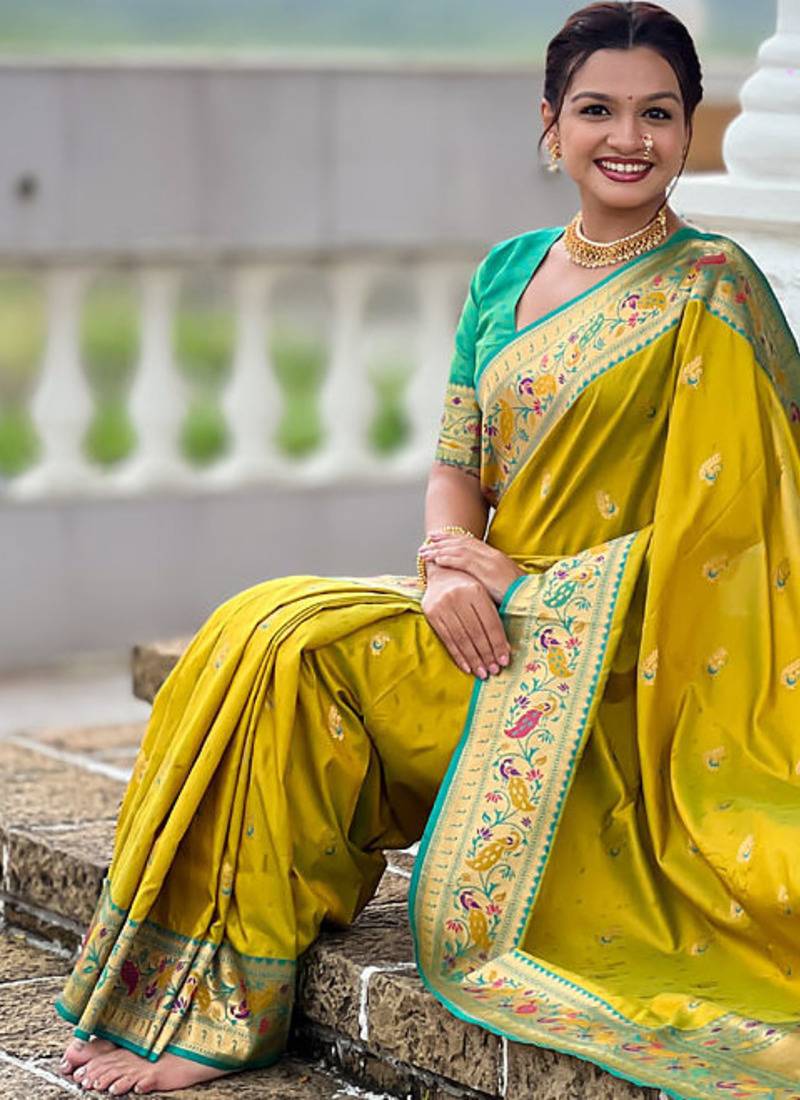 Indian green zari motif weaving work paithani silk saree