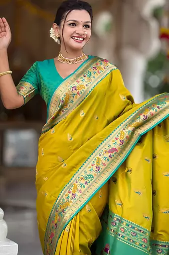 Indian green zari motif weaving work paithani silk saree