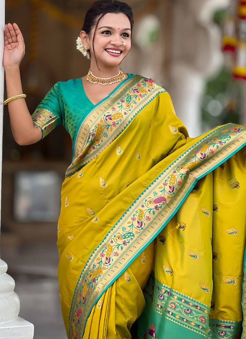 Indian green zari motif weaving work paithani silk saree