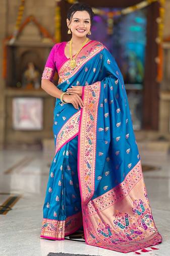 Indian blue zari motif weaving work paithani silk saree