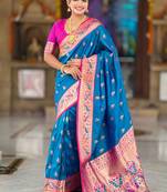 Indian blue zari motif weaving work paithani silk saree