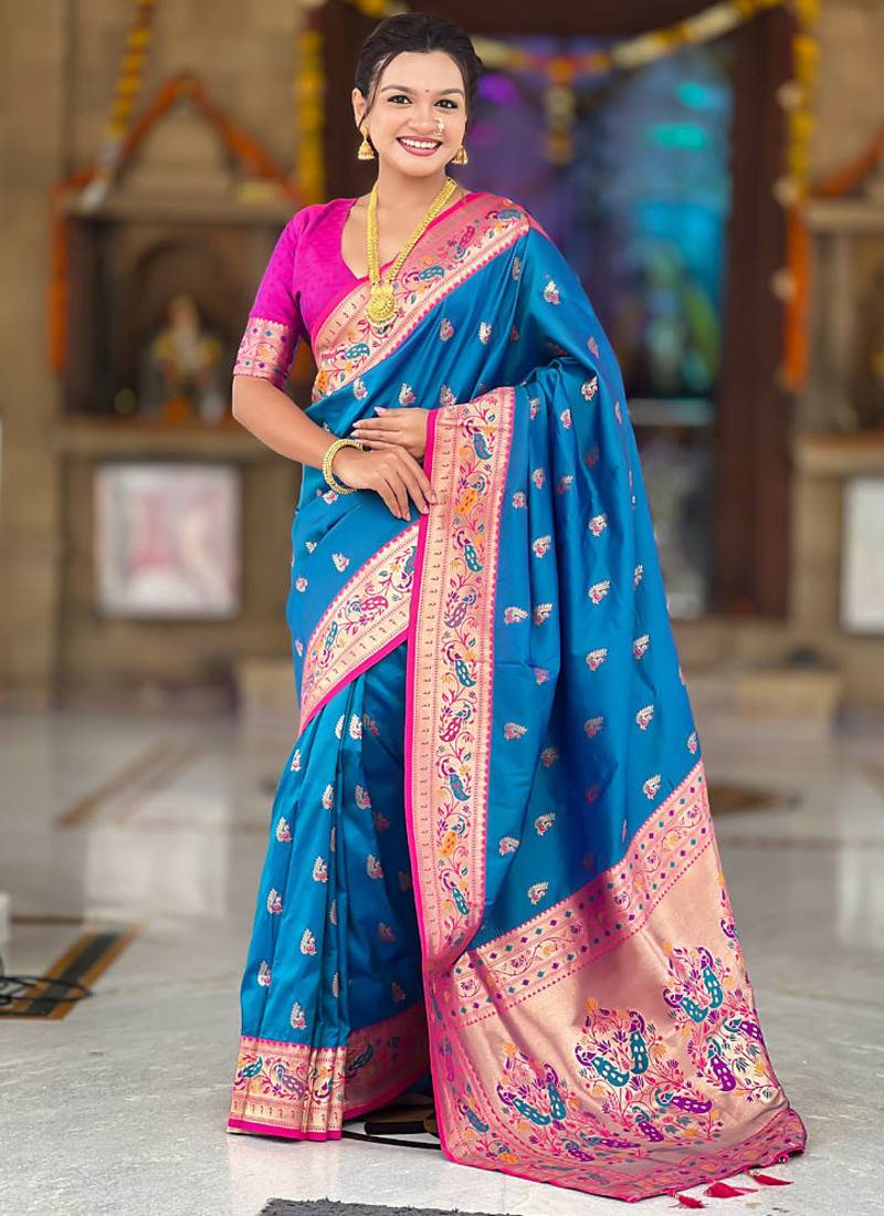 Indian blue zari motif weaving work paithani silk saree