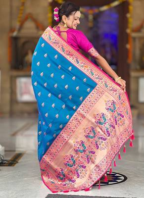 Indian blue zari motif weaving work paithani silk saree 2