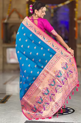 Indian blue zari motif weaving work paithani silk saree