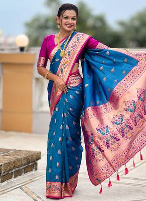 Indian blue zari motif weaving work paithani silk saree 3