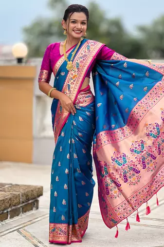 Indian blue zari motif weaving work paithani silk saree