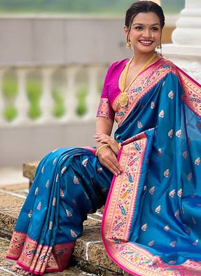 Indian blue zari motif weaving work paithani silk saree 4
