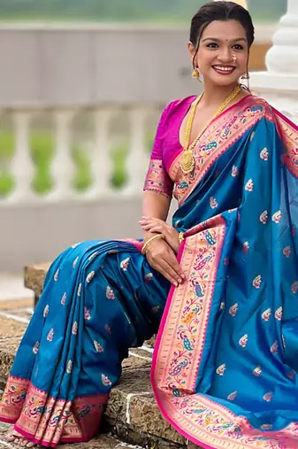 Indian blue zari motif weaving work paithani silk saree