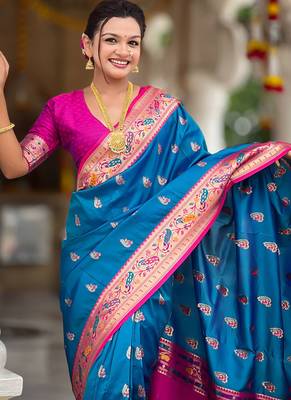 Indian blue zari motif weaving work paithani silk saree 5