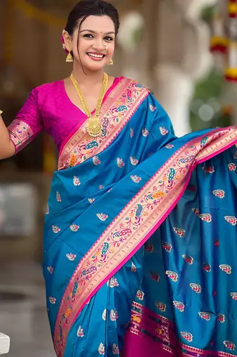 Indian blue zari motif weaving work paithani silk saree