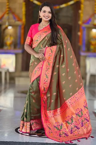 Indian green zari motif weaving work paithani silk saree