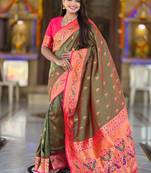 Indian green zari motif weaving work paithani silk saree